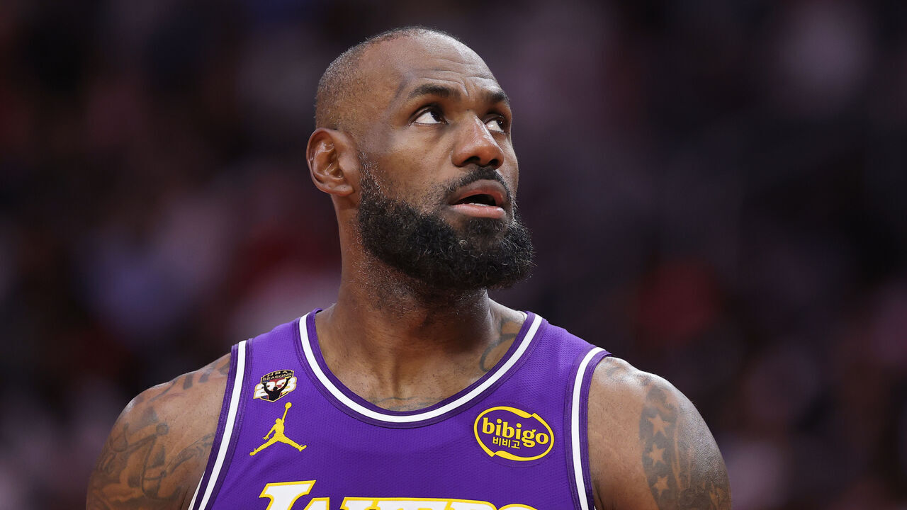 HOUSTON, TEXAS - MARCH 18: LeBron James #23 of the Los Angeles Lakers looks on during the second half against the Houston Rockets atToyota Center on March 18, 2026 in Houston, Texas.