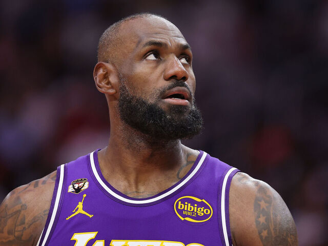 HOUSTON, TEXAS - MARCH 18: LeBron James #23 of the Los Angeles Lakers looks on during the second half against the Houston Rockets atToyota Center on March 18, 2026 in Houston, Texas.