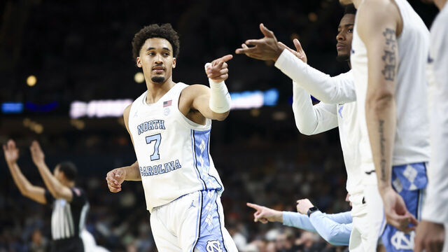 GREENVILLE, SOUTH CAROLINA - MARCH 19: Seth Trimble #7 of the North Carolina Tar Heels reacts after making a 3-pointer during the second half against the VCU Rams in the first round of the 2026 NCAA Men's Basketball Tournament at Bon Secours Wellness Arena on March 19, 2026 in Greenville, South Carolina.