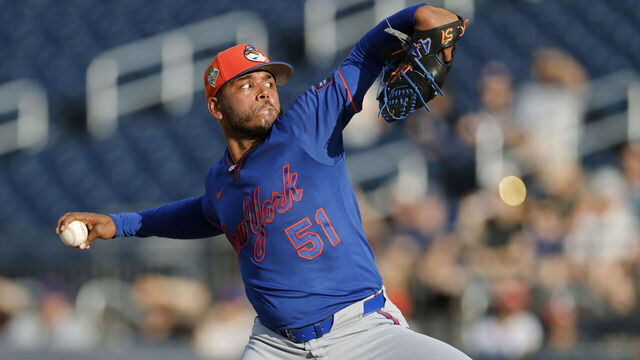 WEST PALM BEACH, FL - MARCH 14: Freddy Peralta (51) of the New York Mets delivers a pitch during a spring training game against the Houston Astros on March 14, 2026 at CACTI Park of the Palm Beaches in West Palm Beach, Florida.