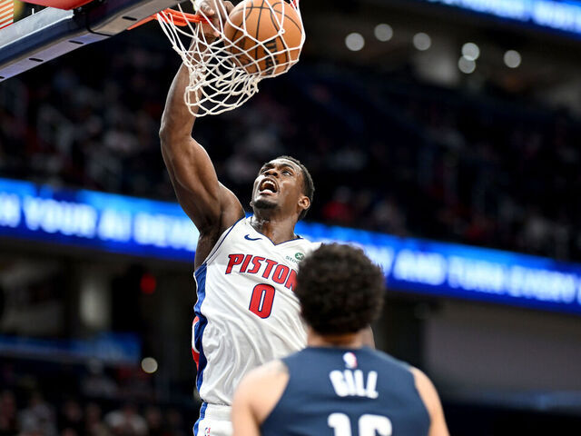 WASHINGTON, DC - MARCH 19: Jalen Duren #0 of the Detroit Pistons dunks the ball in the third quarter against the Washington Wizards at Capital One Arena on March 19, 2026 in Washington, DC.