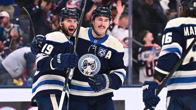 COLUMBUS, OHIO - MARCH 19: Adam Fantilli #19 of the Columbus Blue Jackets celebrate his second period goal with teammates Zach Werenski #8 and Kirill Marchenko #86 of the Columbus Blue Jackets in a game against the New York Rangers at Nationwide Arena on March 19, 2026 in Columbus, Ohio.