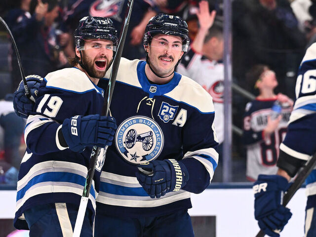 COLUMBUS, OHIO - MARCH 19: Adam Fantilli #19 of the Columbus Blue Jackets celebrate his second period goal with teammates Zach Werenski #8 and Kirill Marchenko #86 of the Columbus Blue Jackets in a game against the New York Rangers at Nationwide Arena on March 19, 2026 in Columbus, Ohio.