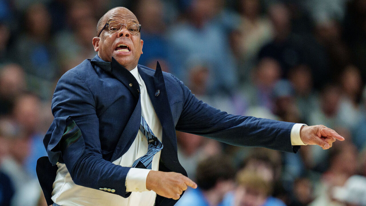 GREENVILLE, SOUTH CAROLINA - MARCH 19: Head coach Hubert Davis of the North Carolina Tar Heels reacts in the second half against the VCU Rams during the first round of the NCAA Men's Basketball Tournament at Bon Secours Wellness Arena on March 19, 2026 in Greenville, South Carolina.