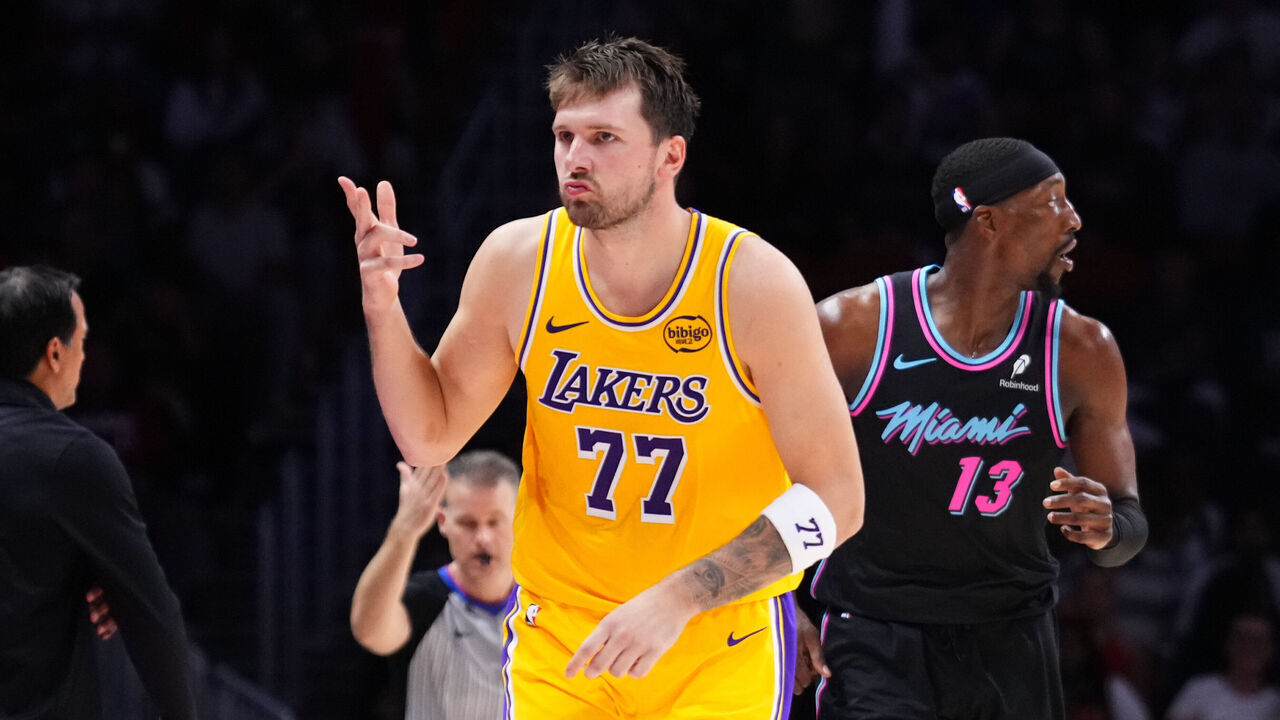 MIAMI, FLORIDA - MARCH 19: Luka Doncic #77 of the Los Angeles Lakers reacts after scoring a three-pointer against the Miami Heat during the third quarter at Kaseya Center on March 19, 2026 in Miami, Florida.
