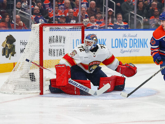 EDMONTON, AB - MARCH 19: Florida Panthers Goalie Sergei Bobrovsky (72) makes a save in the first period of the Edmonton Oilers game versus the Florida Panthers on March 19, 2026 at Rogers Place in Edmonton, AB.