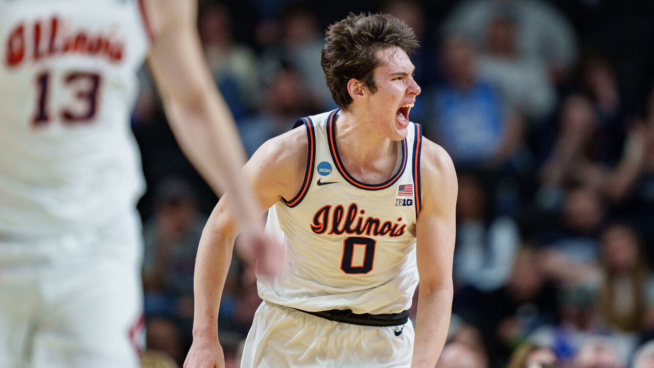 GREENVILLE, SOUTH CAROLINA - MARCH 19: David Mirkovic #0 of the Illinois Fighting Illini reacts in the first half against the Pennsylvania Quakers during the first round of the NCAA Men's Basketball Tournament at Bon Secours Wellness Arena on March 19, 2026 in Greenville, South Carolina.