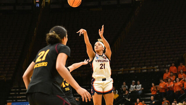 IOWA CITY, IOWA - MARCH 19: Kymora Johnson # 21 of the Virginia Cavaliers shoots a three-point basket against the Arizona State Sun Devils during a First Four game of the 2026 NCAA Women's Basketball Tournament held at Carver-Hawkeye Arena on March 19, 2026 in Iowa City, Iowa.