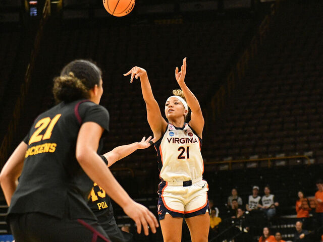 IOWA CITY, IOWA - MARCH 19: Kymora Johnson # 21 of the Virginia Cavaliers shoots a three-point basket against the Arizona State Sun Devils during a First Four game of the 2026 NCAA Women's Basketball Tournament held at Carver-Hawkeye Arena on March 19, 2026 in Iowa City, Iowa.