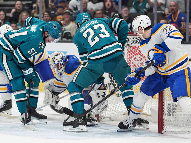 SAN JOSE, CA - MARCH 19: Alex Lyon #34 of the Buffalo Sabres makes a save in the second period against the San Jose Sharks at SAP Center on March 19, 2026 in San Jose, California.