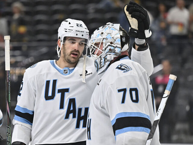 LAS VEGAS, NEVADA - MARCH 19: Karel Vejmelka #70 of the Utah Mammoth celebrates with teammates after a 4-0 victory against the Vegas Golden Knights at T-Mobile Arena on March 19, 2026 in Las Vegas, Nevada.