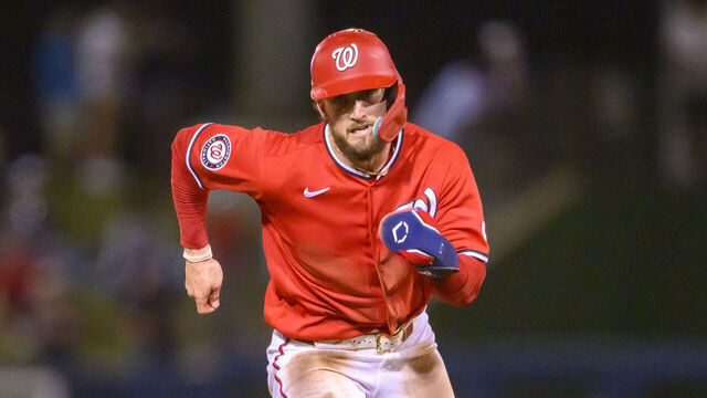 WEST PALM BEACH, FL - MARCH 07: Washington Nationals outfielder Dylan Crews (3) runs to third base during a MLB spring training game against the New York Yankees at CACTI Park of the Palm Beaches on March 7, 2026 in West Palm Beach, Florida.
