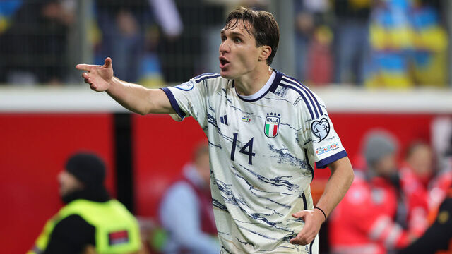 LEVERKUSEN, GERMANY - NOVEMBER 20: Federico Chiesa of Italy gestures during the UEFA EURO 2024 European qualifier match between Ukraine and Italy at BayArena on November 20, 2023 in Leverkusen, Germany.