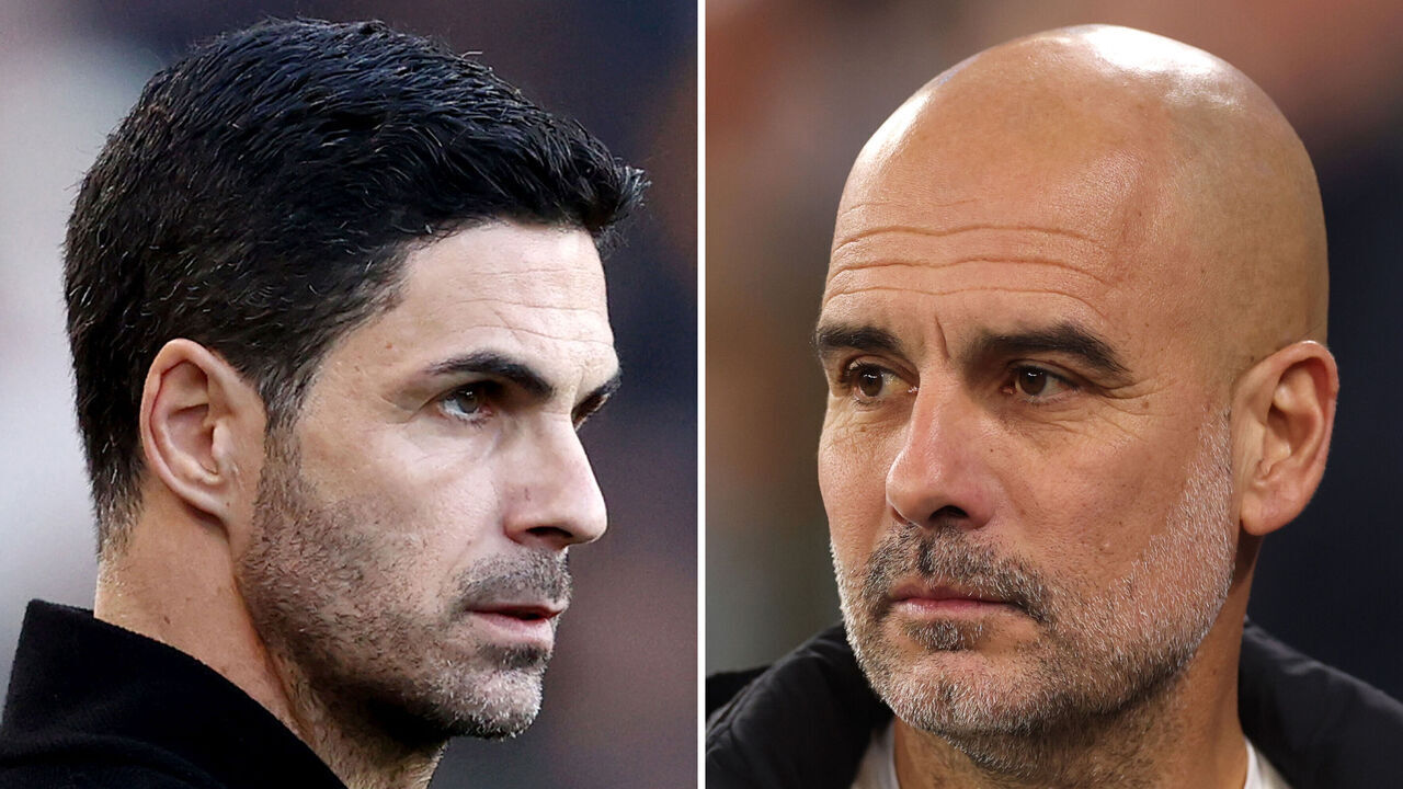 FILE PHOTO (EDITORS NOTE: COMPOSITE OF IMAGES - Image numbers 2149428163, 2196622561) In this composite image a comparison has been made between Mikel Arteta, Manager of Arsenal (L) and Josep Guardiola, Manager of Manchester City. Arsenal and Manchester City meet in a Premier League fixture at the Emirates Stadium on September 21,2025 in London, England. ***LEFT IMAGE*** WOLVERHAMPTON, ENGLAND - APRIL 20: Mikel Arteta, Manager of Arsenal, looks on prior to the Premier League match between Wolverhampton Wanderers and Arsenal FC at Molineux on April 20, 2024 in Wolverhampton, England.