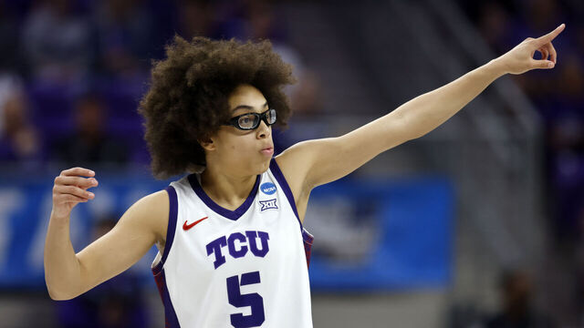FORT WORTH, TEXAS - MARCH 20: Olivia Miles #5 of the TCU Horned Frogs reacts in the first half against the UC San Diego Tritons during the first round of the NCAA Women's Basketball Tournament on March 20, 2026 in Fort Worth, Texas.