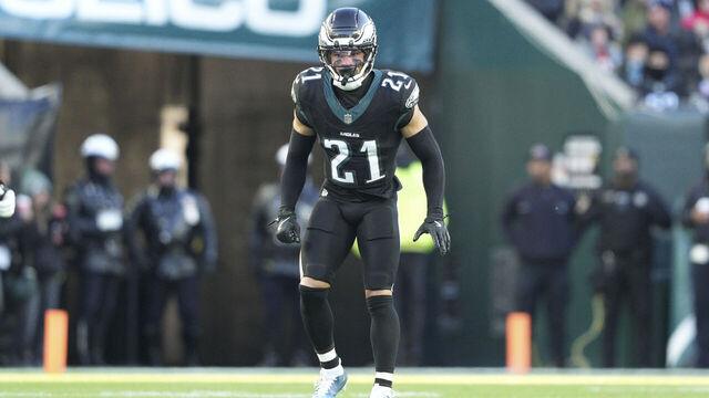 PHILADELPHIA, PA - NOVEMBER 28: Philadelphia Eagles safety Sydney Brown (21) looks on during the game between the Chicago Bears and the Philadelphia Eagles on November 28, 2025 at Lincoln Financial Field in Philadelphia, PA.