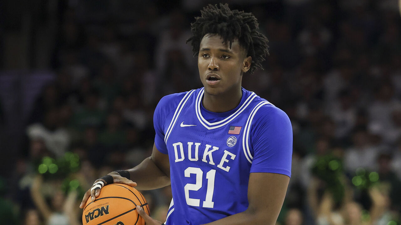 SOUTH BEND, INDIANA - FEBRUARY 24: Duke center Patrick Ngongba II #21 dribbles the ball during the game between Duke v Notre Dame at Purcell Pavilion on February 24, 2026 in South Bend, Indiana.