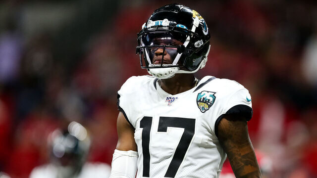 ATLANTA, GA - DECEMBER 22: DJ Chark Jr. #17 of the Jacksonville Jaguars looks on during a game against the Atlanta Falcons at Mercedes-Benz Stadium on December 22, 2019 in Atlanta, Georgia.