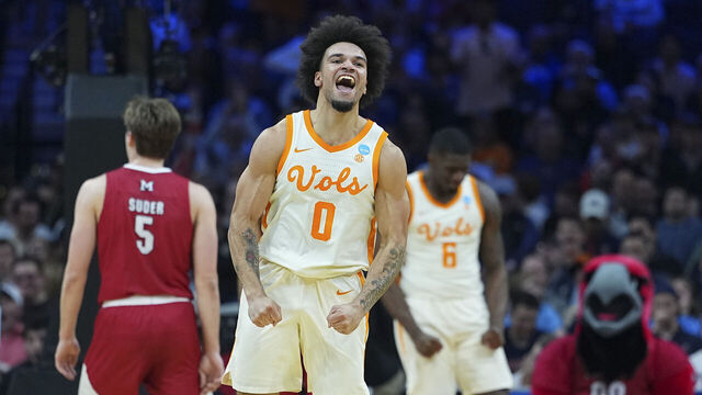 PHILADELPHIA, PENNSYLVANIA - MARCH 20: Ja'Kobi Gillespie #0 of the Tennessee Volunteers reacts against the Miami (OH) RedHawks in the first half during the first round of the 2026 NCAA Men's Basketball Tournament at Xfinity Mobile Arena on March 20, 2026 in Philadelphia, Pennsylvania.