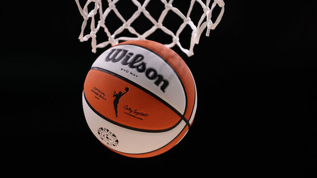 SEATTLE, WASHINGTON - JUNE 20: A detail of the WNBA logo is seen on a basketball during warmups between the Seattle Storm and the Connecticut Sun at Climate Pledge Arena on June 20, 2023 in Seattle, Washington.