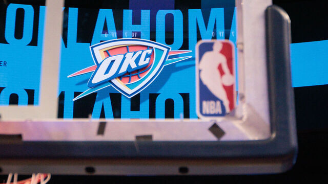 OKLAHOMA CITY, OKLAHOMA - DECEMBER 10: View of the logo through a backboard prior to the Emirates NBA Cup - Quarterfinals game between the Phoenix Suns and the Oklahoma City Thunder at Paycom Center on December 10, 2025 in Oklahoma City, Oklahoma.