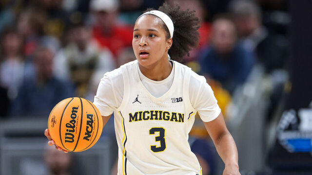 INDIANAPOLIS, INDIANA - MARCH 6: Mila Holloway #3 of the Michigan Wolverines brings the ball up court during the game against the Oregon Ducks in the quarterfinals of the Big Ten Women's Basketball Tournament at Gainbridge Fieldhouse on March 6, 2026 in Indianapolis, Indiana.