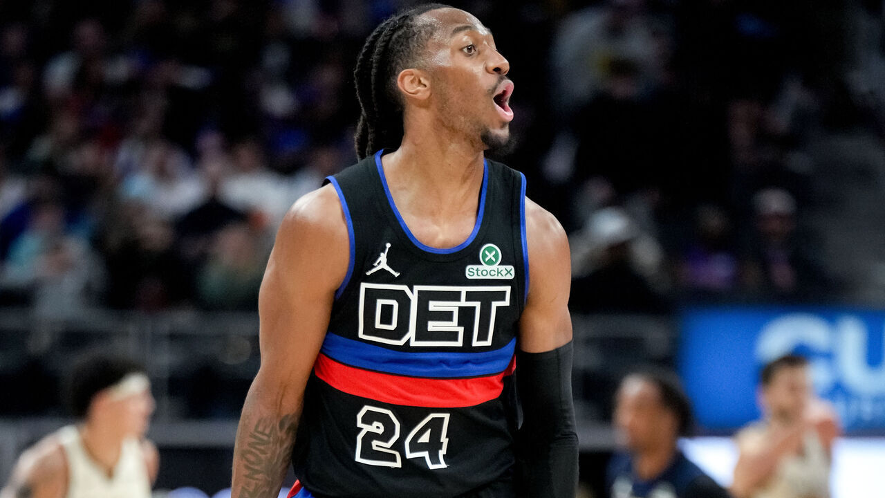 DETROIT, MICHIGAN - MARCH 20: Daniss Jenkins #24 of the Detroit Pistons reacts against the Golden State Warriors during the fourth quarter at Little Caesars Arena on March 20, 2026 in Detroit, Michigan.