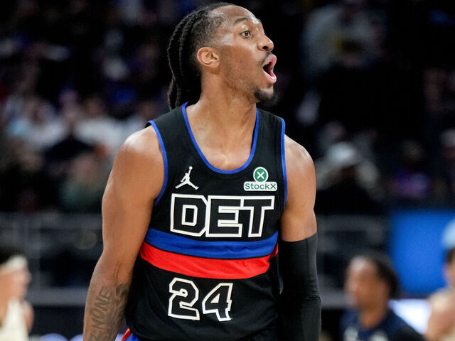 DETROIT, MICHIGAN - MARCH 20: Daniss Jenkins #24 of the Detroit Pistons reacts against the Golden State Warriors during the fourth quarter at Little Caesars Arena on March 20, 2026 in Detroit, Michigan.