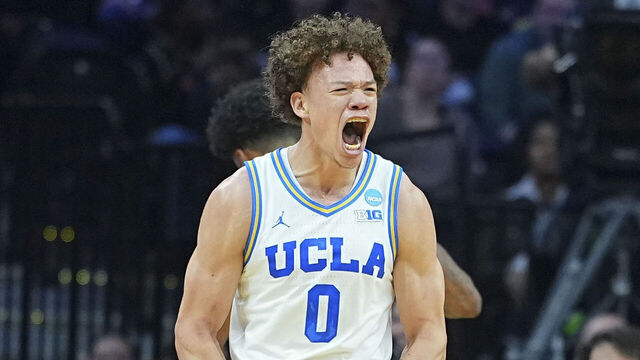 PHILADELPHIA, PENNSYLVANIA - MARCH 20: Trent Perry #0 of the UCLA Bruins reacts against the UCF Knights in the second half during the first round of the 2026 NCAA Men's Basketball Tournament at Xfinity Mobile Arena on March 20, 2026 in Philadelphia, Pennsylvania.