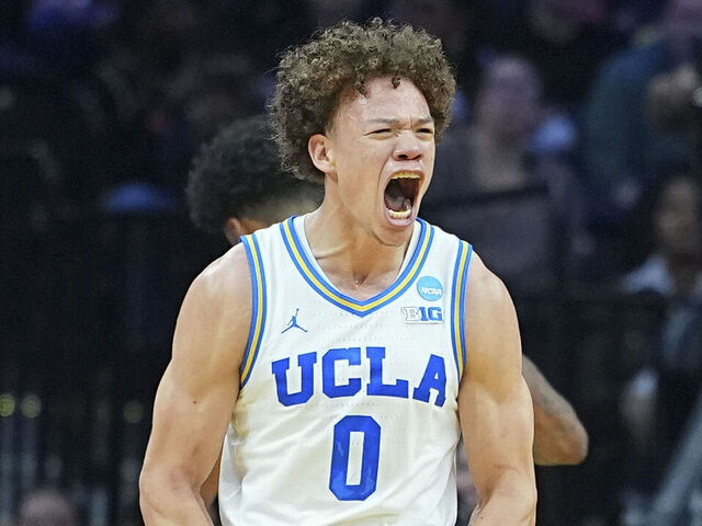 PHILADELPHIA, PENNSYLVANIA - MARCH 20: Trent Perry #0 of the UCLA Bruins reacts against the UCF Knights in the second half during the first round of the 2026 NCAA Men's Basketball Tournament at Xfinity Mobile Arena on March 20, 2026 in Philadelphia, Pennsylvania.