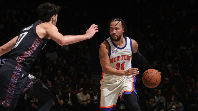 BROOKLYN, NY - MARCH 20: Jalen Brunson #11 of the New York Knicks handles the ball during the game against the Brooklyn Nets on March 20, 2026 at Barclays Center in Brooklyn, New York. Mandatory Copyright Notice: Copyright 2026 NBAE