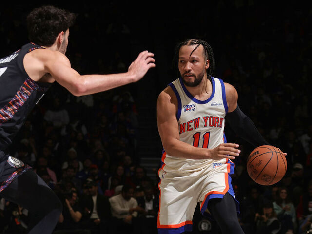 BROOKLYN, NY - MARCH 20: Jalen Brunson #11 of the New York Knicks handles the ball during the game against the Brooklyn Nets on March 20, 2026 at Barclays Center in Brooklyn, New York. Mandatory Copyright Notice: Copyright 2026 NBAE