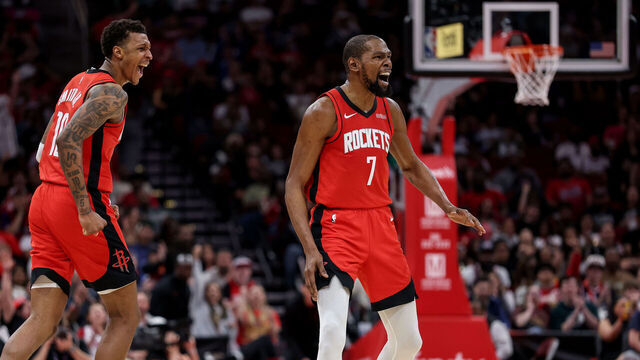 HOUSTON, TEXAS - MARCH 20: Kevin Durant #7 of the Houston Rockets celebrates with Jabari Smith Jr. #10 after a three point basket in the second half against the Atlanta Hawks at Toyota Center on March 20, 2026 in Houston, Texas.