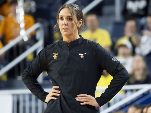 ANN ARBOR, MI - MARCH 20: Tennessee Volunteers head coach Kim Caldwell looks on during the Tennessee Volunteers versus NC State Wolfpack NCAA Women's Championship first round game on March 20, 2026 at Crisler Center in Ann Arbor, Michigan.