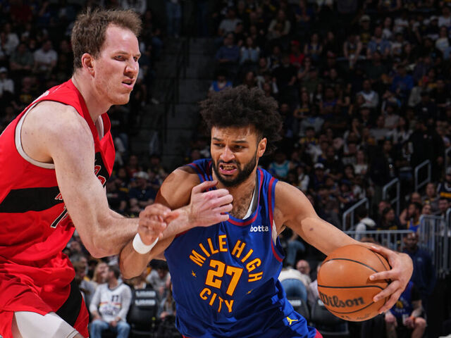 DENVER, CO - MARCH 20: Jamal Murray #27 of the Denver Nuggets drives to the basket during the game against the Toronto Raptors on March 20, 2026 at Ball Arena in Denver, Colorado. NOTE TO USER: User expressly acknowledges and agrees that, by downloading and/or using this Photograph, user is consenting to the terms and conditions of the Getty Images License Agreement. Mandatory Copyright Notice: Copyright 2026 NBAE