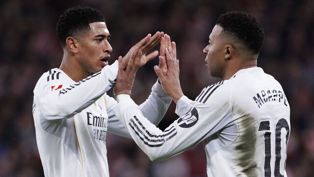 Jude Bellingham of Real Madrid and Kylian Mbappe of Real Madrid celebrate a goal during the La Liga 2025/26 match between Athletic Club and Real Madrid at San Mames Stadium in Bilbao, Spain, on December 3, 2025.