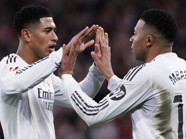 Jude Bellingham of Real Madrid and Kylian Mbappe of Real Madrid celebrate a goal during the La Liga 2025/26 match between Athletic Club and Real Madrid at San Mames Stadium in Bilbao, Spain, on December 3, 2025.