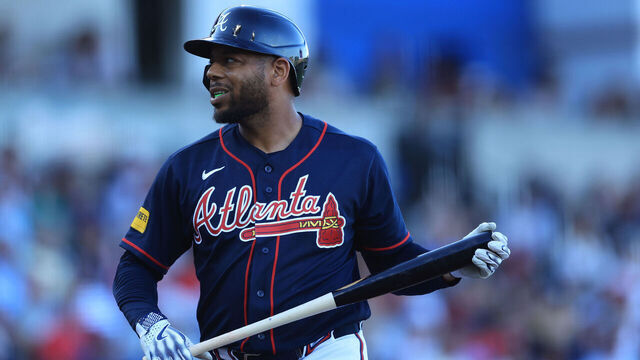 NORTH PORT, FL - MARCH 14: Dominic Smith #8 of the Atlanta Braves reacts after striking out during the spring training game between the Boston Red Sox and the Atlanta Braves on March 14, 2026 at CoolToday Park in North Port, FL.