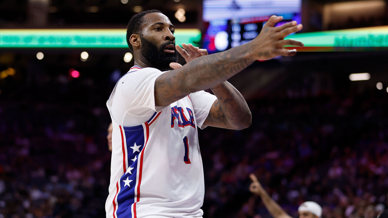 SACRAMENTO, CALIFORNIA - MARCH 19: Andre Drummond #1 of the Philadelphia 76ers reacts after making a three-point shot in the third quarter against the Sacramento Kings at Golden 1 Center on March 19, 2026 in Sacramento, California.