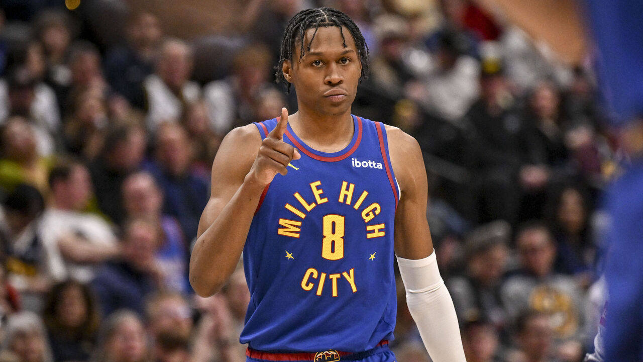 DENVER , CO - FEBRUARY 1: Peyton Watson (8) of the Denver Nuggets checks in against the Oklahoma City Thunder during the fourth quarter of the OKC's 121-111 win at Ball Arena in Denver, Colorado on Sunday, February 1, 2026.