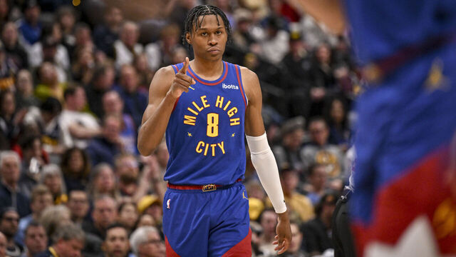 DENVER , CO - FEBRUARY 1: Peyton Watson (8) of the Denver Nuggets checks in against the Oklahoma City Thunder during the fourth quarter of the OKC's 121-111 win at Ball Arena in Denver, Colorado on Sunday, February 1, 2026.
