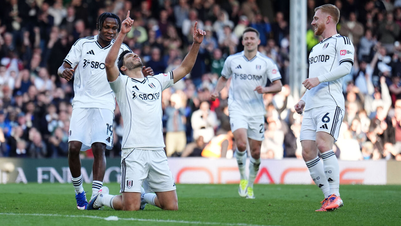 Fulham's Raul Jimenez celebrates scoring their side's third goal of the game from a penalty during the Premier League match at Craven Cottage, London. Picture date: Saturday March 21, 2026.