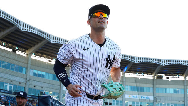 TAMPA, FL - MARCH 9: Randal Grichuk #34 of the New York Yankees takes the field during the game against the Pittsburgh Pirates at George M. Steinbrenner Field on March 9, 2026 in Tampa, Florida.