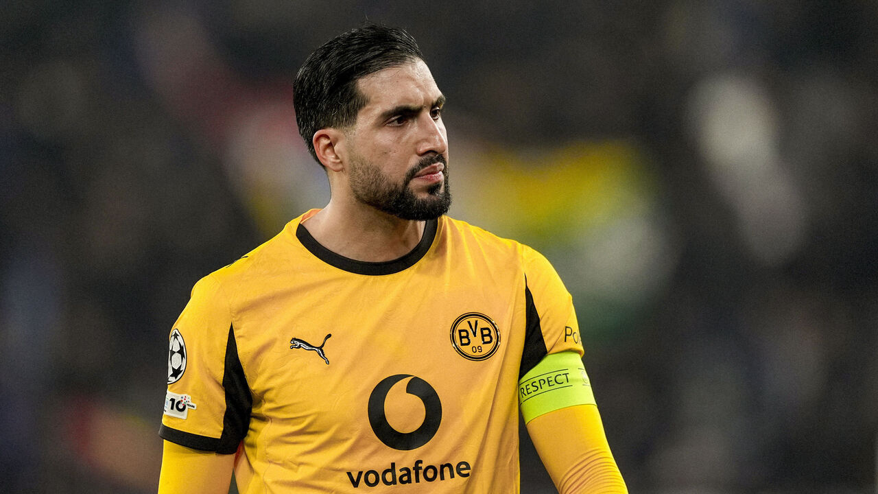 BERGAMO, ITALY - FEBRUARY 25: Emre Can of Borussia Dortmund reacts during the UEFA Champions League 2025/26 League Knockout Play-off Second Leg soccer match between Atalanta BC and Borussia Dortmund at Stadio di Bergamo on February 25, 2026 in Bergamo, Italy.