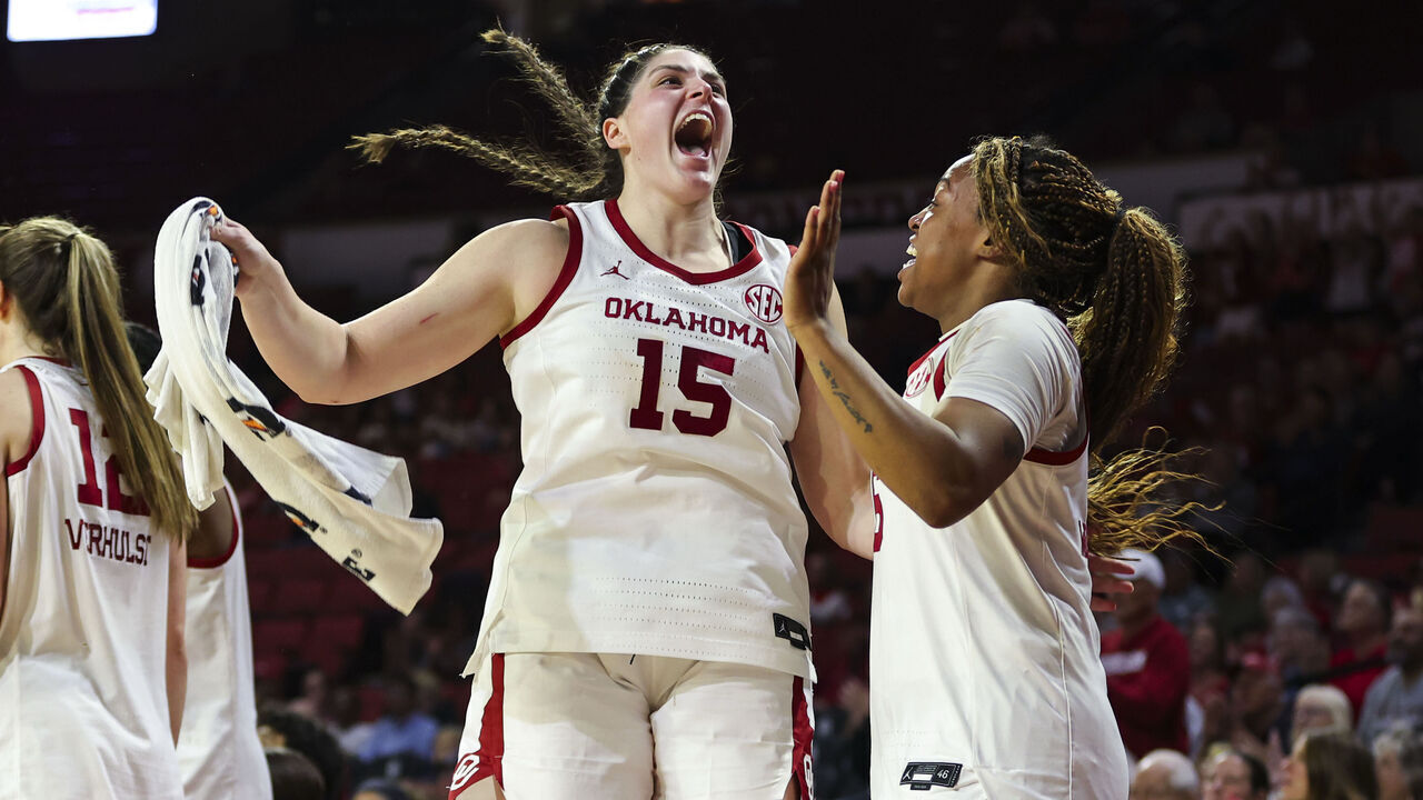 NORMAN, OK - FEBRUARY 26: Oklahoma Sooner center Raegan Beers (15) and forward Sahara Williams (6) celebrate on the bench during the SEC women's college basketball game between the Oklahoma Sooners and the Arkansas Razorbacks on February 26, 2026 at Lloyd Noble Center in Norman OK.