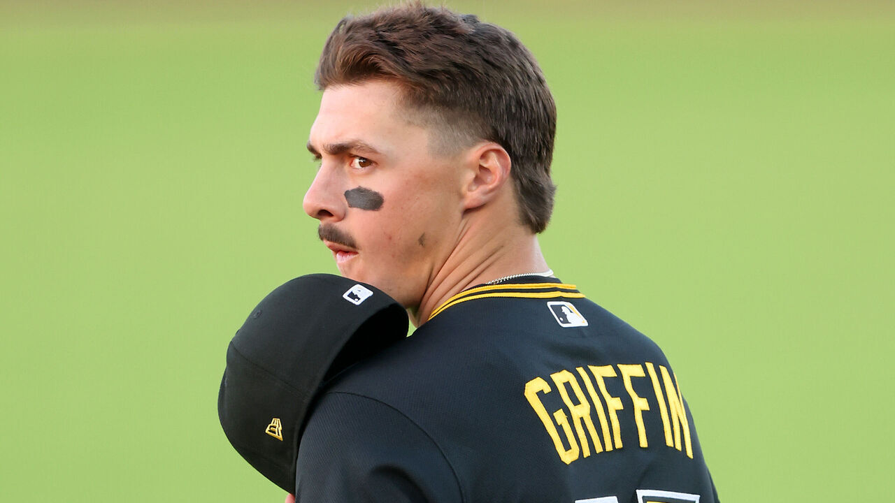 CLEARWATER, FL - MARCH 20: Pittsburgh Pirates Infielder Konnor Griffin (75) looks over his shoulder as he listens to the National Anthem before the MLB Prospects game between the Detroit Tigersx and the Pittsburgh Pirates on March 20, 2026 at LECOM Park in Bradenton, Florida.