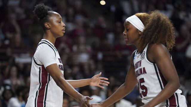 COLUMBIA, SOUTH CAROLINA - MARCH 21: Joyce Edwards #8 and Raven Johnson #25 of the South Carolina Gamecocks react after a basket during the second quarter of a first round NCAA Women's Basketball Tournament game against the Southern University Jaguars at Colonial Life Arena on March 21, 2026 in Columbia, South Carolina.