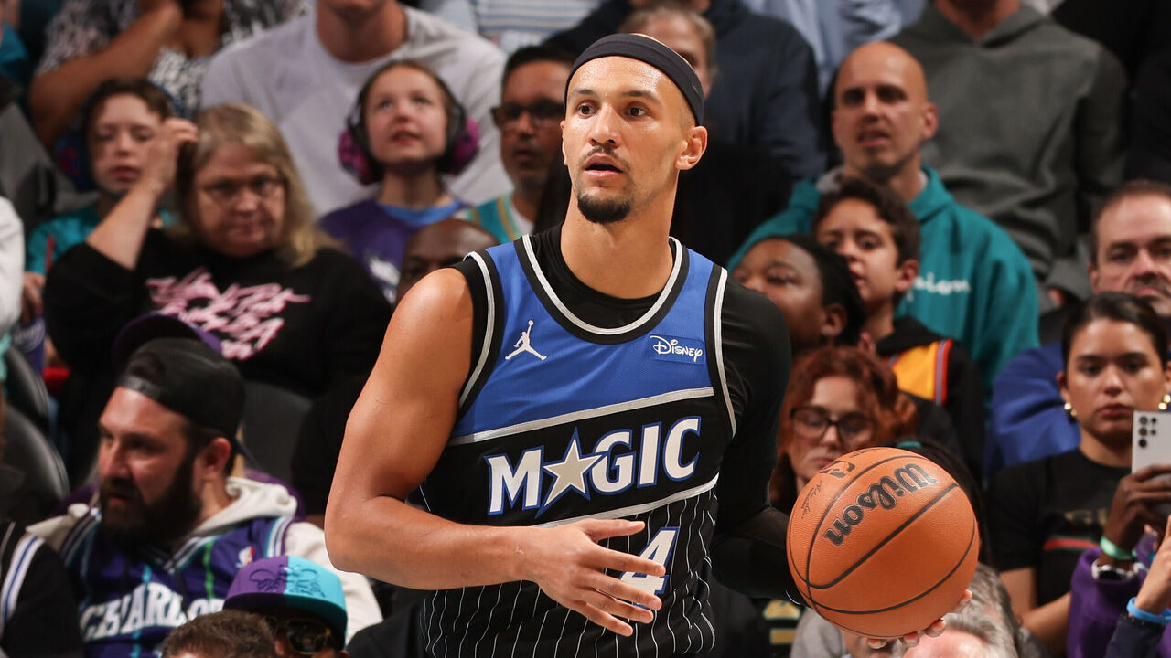 CHARLOTTE, NC - MARCH 19: Jalen Suggs #4 of the Orlando Magic handles the ball during the game against the Charlotte Hornets on March 19, 2026 at Spectrum Center in Charlotte, North Carolina. Mandatory Copyright Notice: Copyright 2026 NBAE