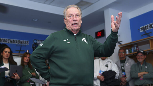 BUFFALO, NEW YORK - MARCH 21: Head coach Tom Izzo of the Michigan State Spartans celebrates the win against the Louisville Cardinals following the game during the second round of the 2026 NCAA Men's Basketball Tournament held at KeyBank Center on March 21, 2026 in Buffalo, New York.