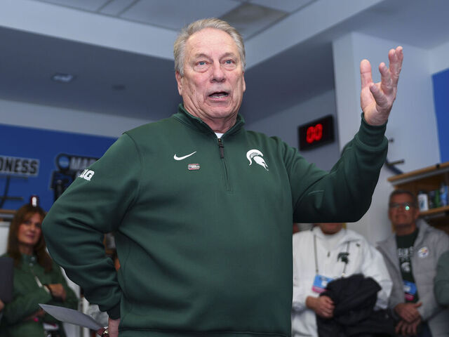 BUFFALO, NEW YORK - MARCH 21: Head coach Tom Izzo of the Michigan State Spartans celebrates the win against the Louisville Cardinals following the game during the second round of the 2026 NCAA Men's Basketball Tournament held at KeyBank Center on March 21, 2026 in Buffalo, New York.